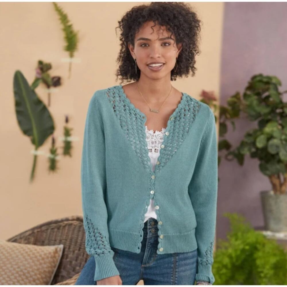 Sundance Dover Crochet Cardigan Sweater Petite XS Teal Boho Cottagecore